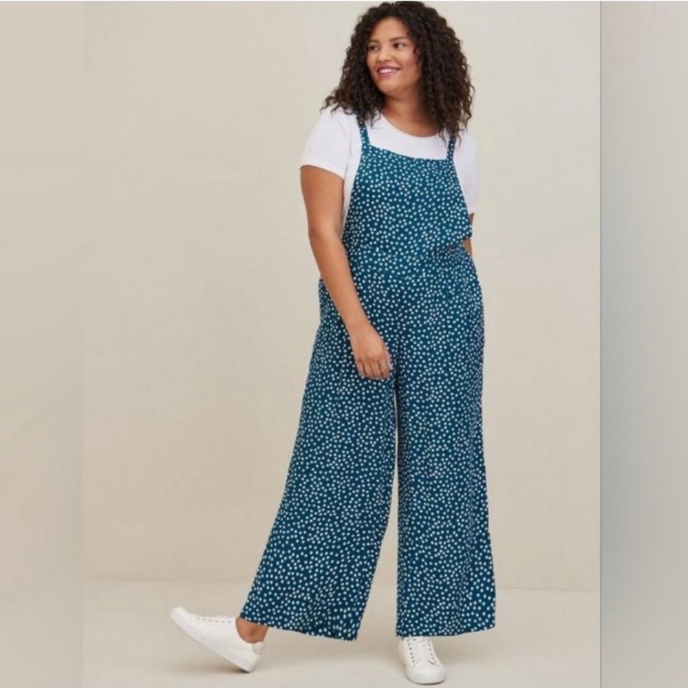 Torrid 4x Wide Leg Stretch Crepe Jumper Teal‎ Blue Polka Dots  Rayon - Picture 2 of 6